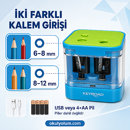 Keyroad KR973542 Çift Gözlü USB ve Pilli Elektrikli Kalemtıraş 6–12 mm - 3