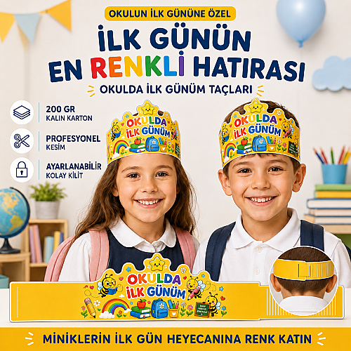 Okulda İlk Günüm Arı Temalı Ayarlanabilir Karton Taç 200 Gr - okulyolum (1)
